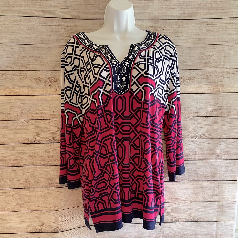 JM Collection navy, fuchsia and white with beads blouse. Size Medium
